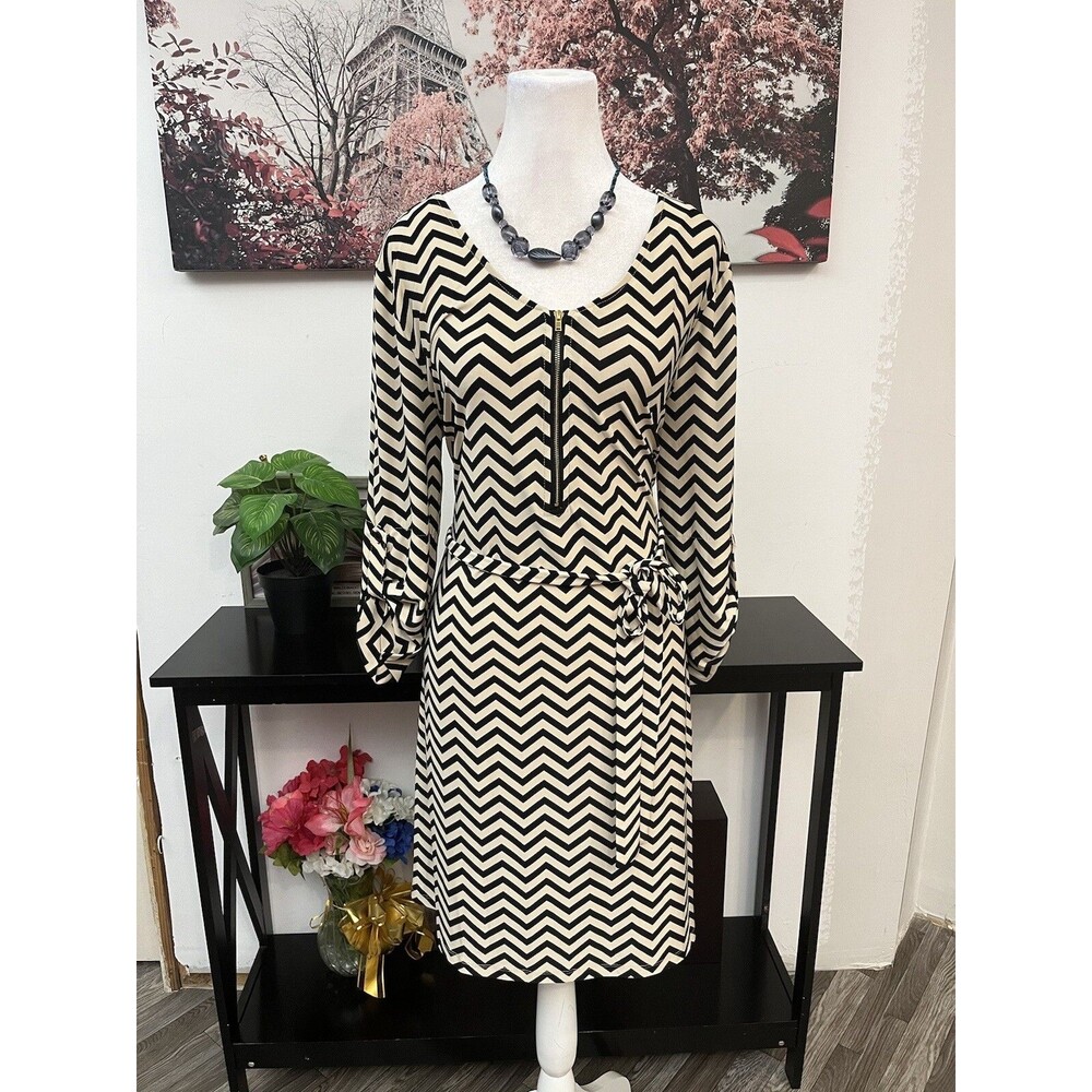 Tacera Chevron Print Dress Womens Large Black Beige Zip V-Neck Tie Waist 3/4
